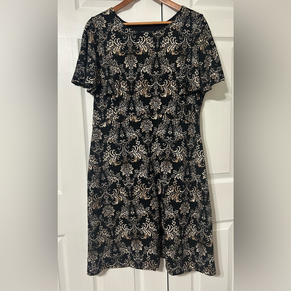 STELLA & JULIE Women’s Black Tan Floral Midi Dress Flutter Sleeves Size 18W